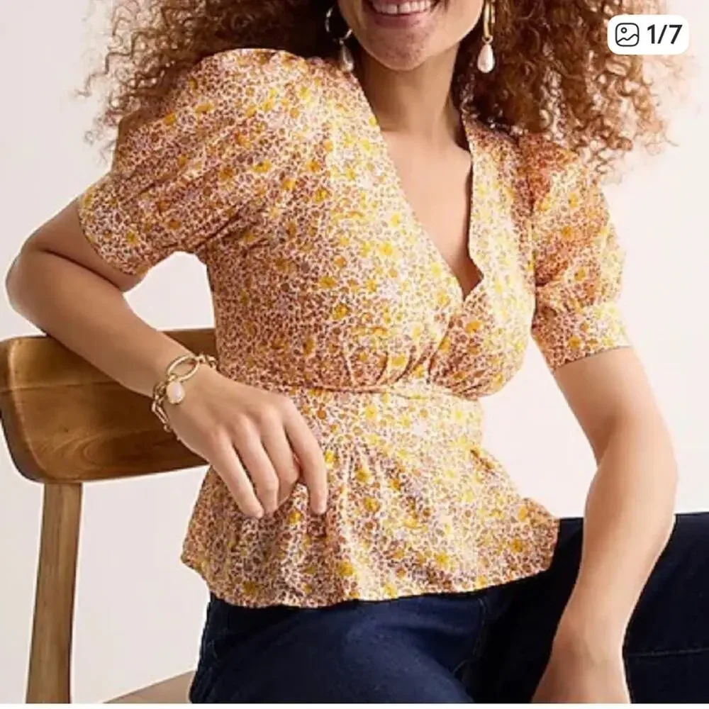 J. Crew Blouse Top Puff-sleeve V-neck Yellow Floral Size 0